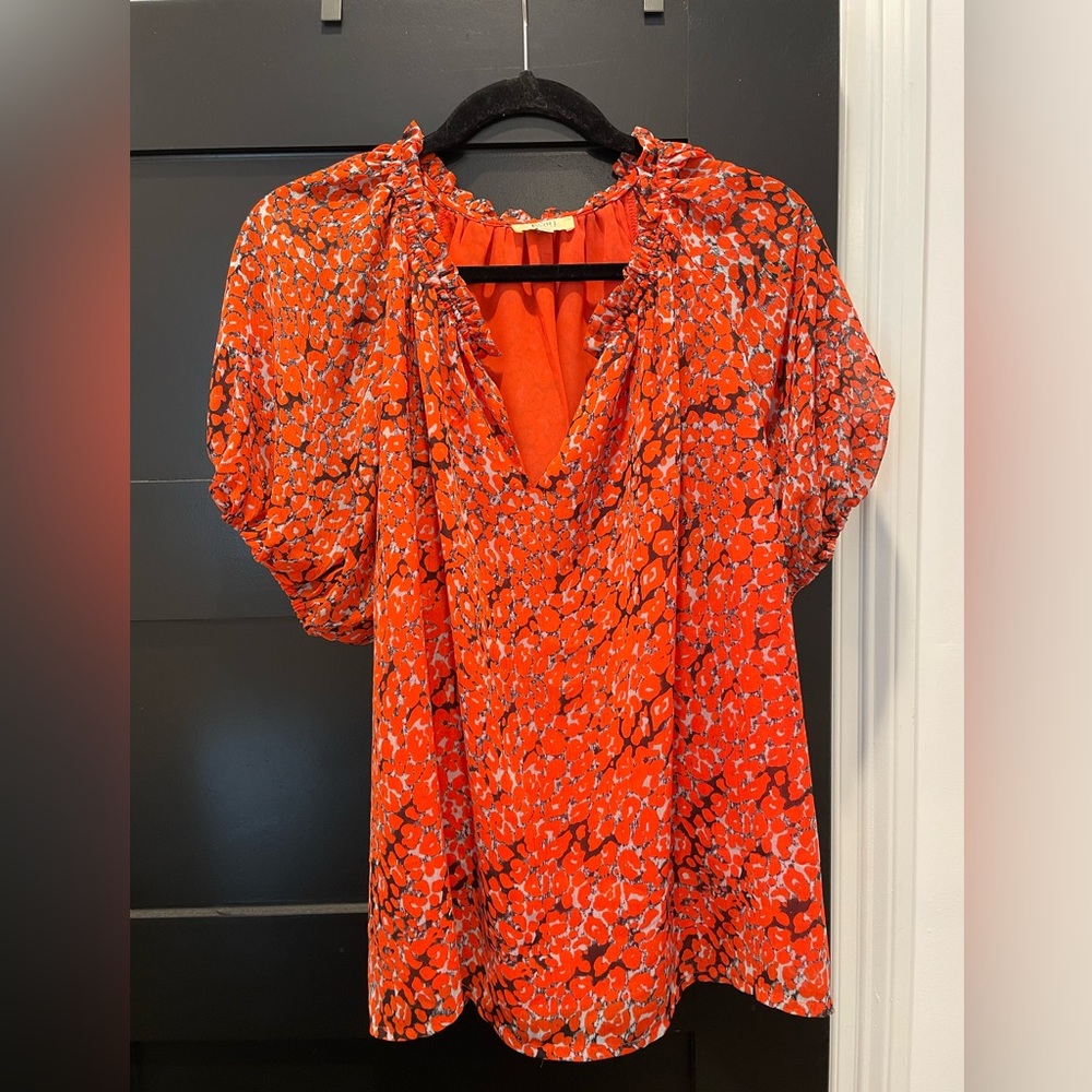 Orange and blue leopard print puff sleeve blouse